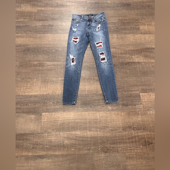 Judy Blue Jeans Womens Blue Skinny Buffalo Plaid Distressed Stretch Denim Size 3 - Picture 1 of 5